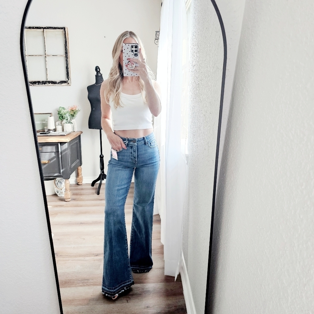 RISEN HR Tummy Control Medium Wash Wide Leg Jeans Released Hem Various NEW - Picture 12 of 12